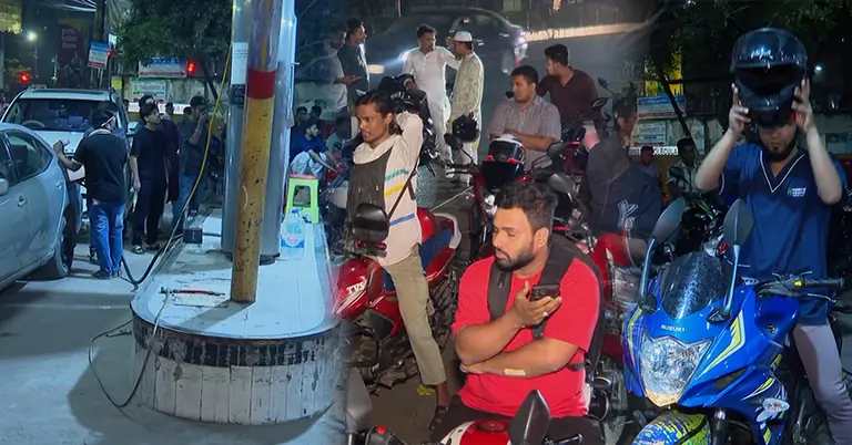 রাতেও ফিলিং স্টেশনে তেল নেয়ার জন্য দীর্ঘ লাইন